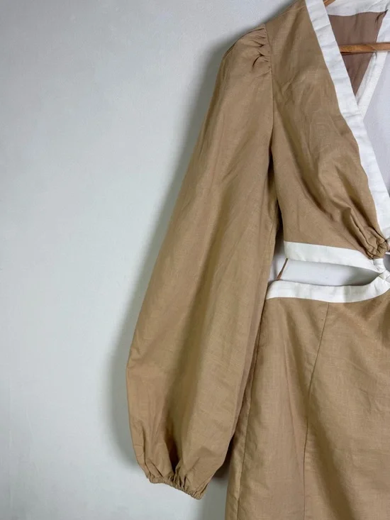 Petal + Pup Women’s Linen Blend Cutout Dress Beige White Tie Back Coastal Sz XS - Picture 7 of 13